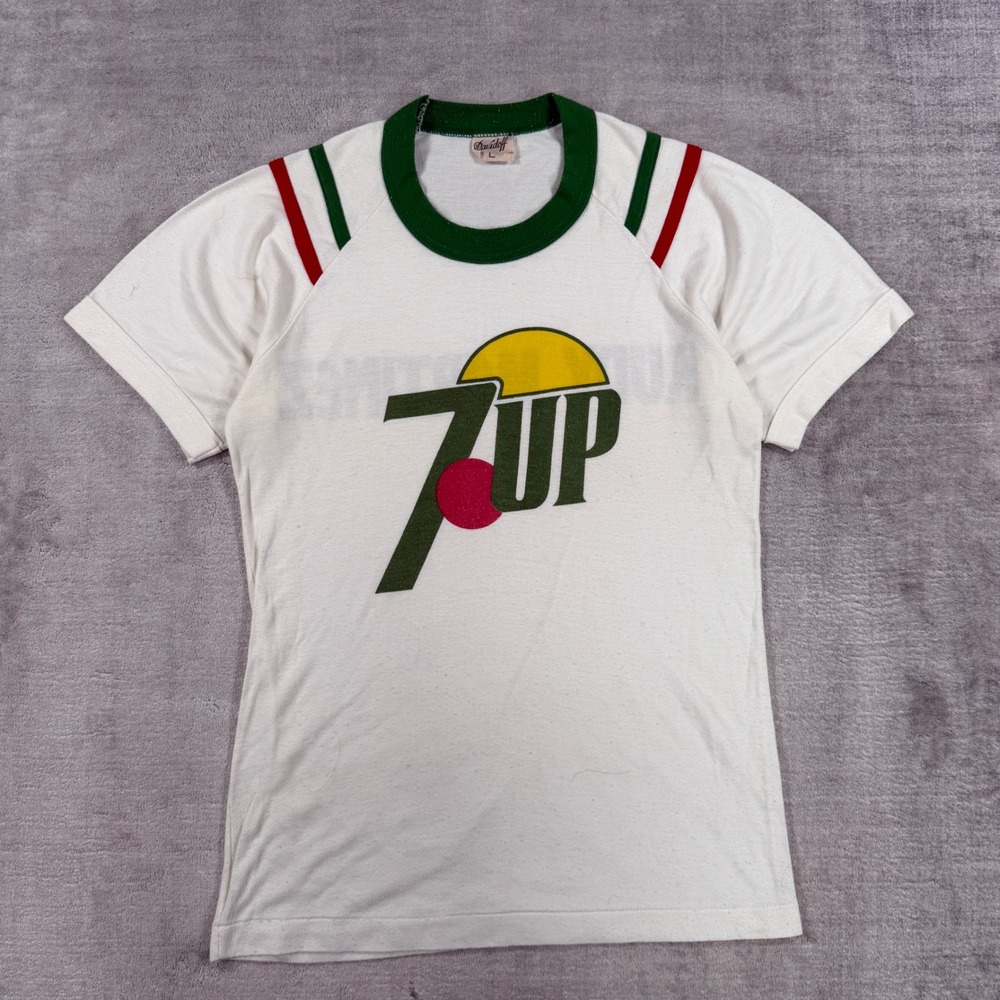 7Up Shirt Men Large White Vintage 1960s Ringer Rudy Martinez Soda Graphic